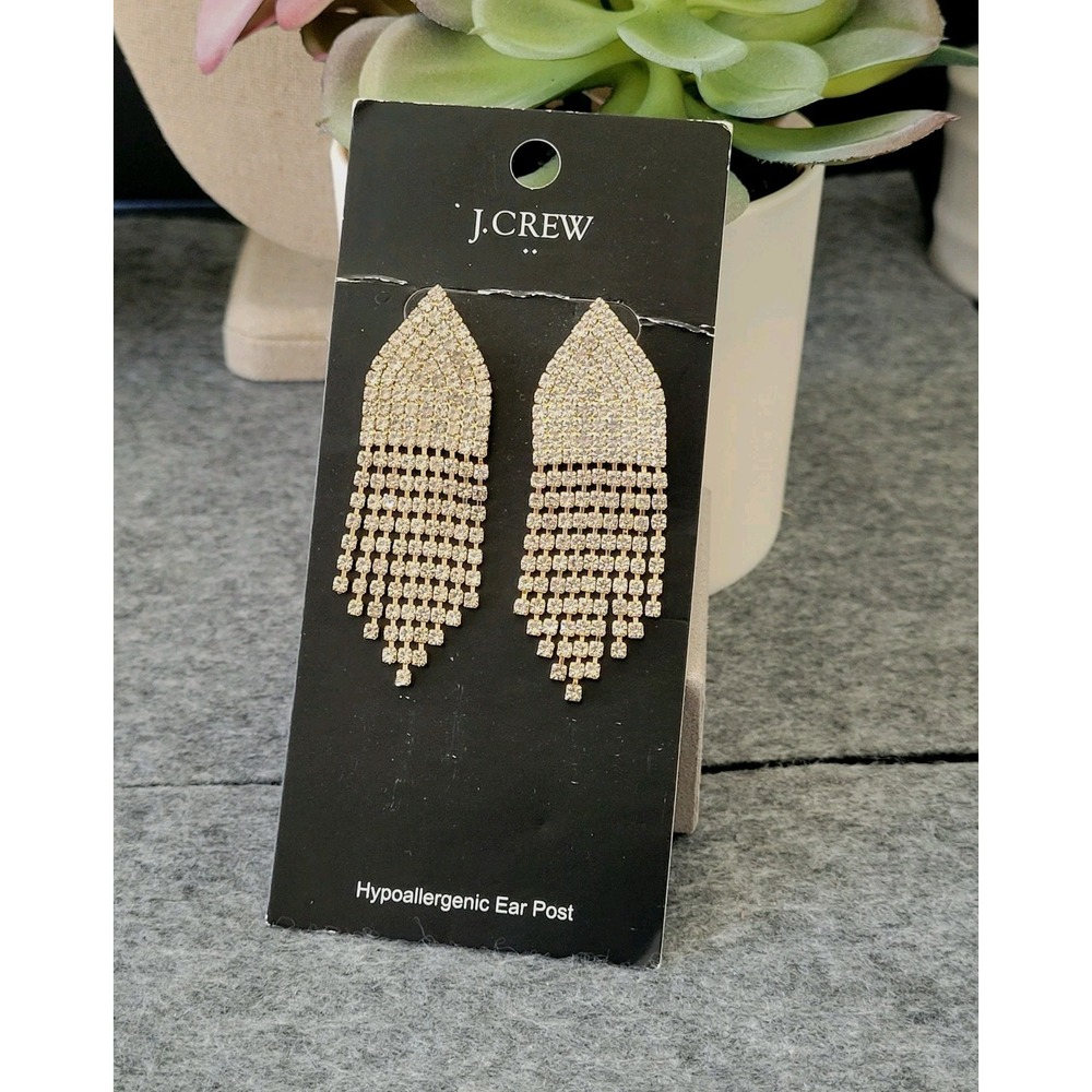 J.Crew Waterfall Buccaneer Rhinestone Fringe Statement Earrings New on Card